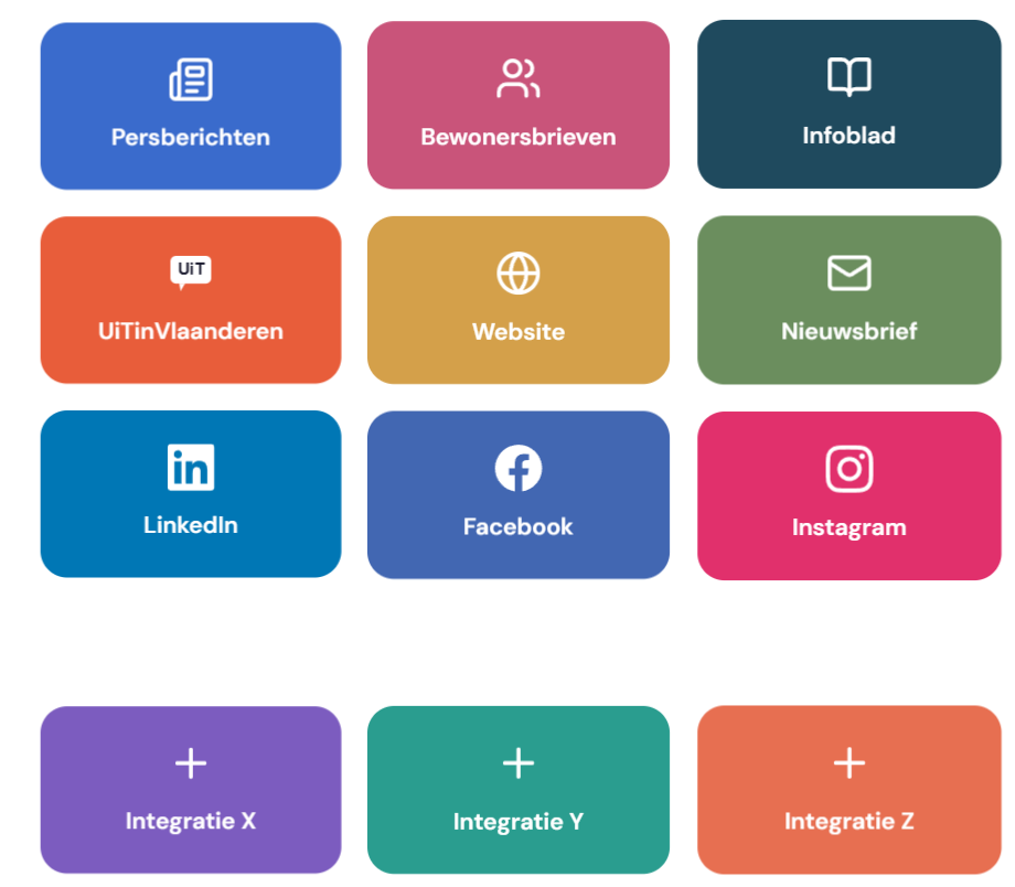 Gekleurde knoppen met teksten Persberichten, Bewonersbrieven, Infoblad, UiT, Website, Nieuwsbrief, LinkedIn, Facebook, Instagram en Integraties.
