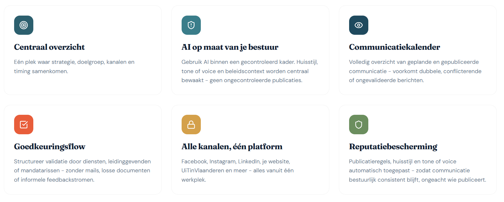 Zes informatieve kaartjes met pictogrammen en titels over communicatie, AI, planning, goedkeuring en reputatiebescherming.